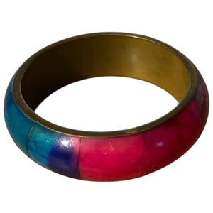 Vintage chunky brass and inlay rainbow Bangle Bracelet 70s style